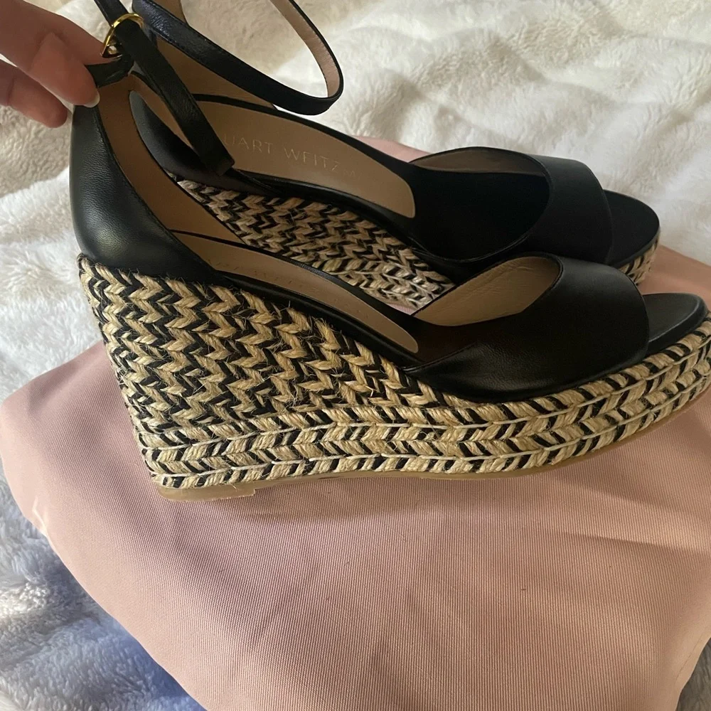 Stuart Weitzman Black Leather Espadrille Wedge Sandals